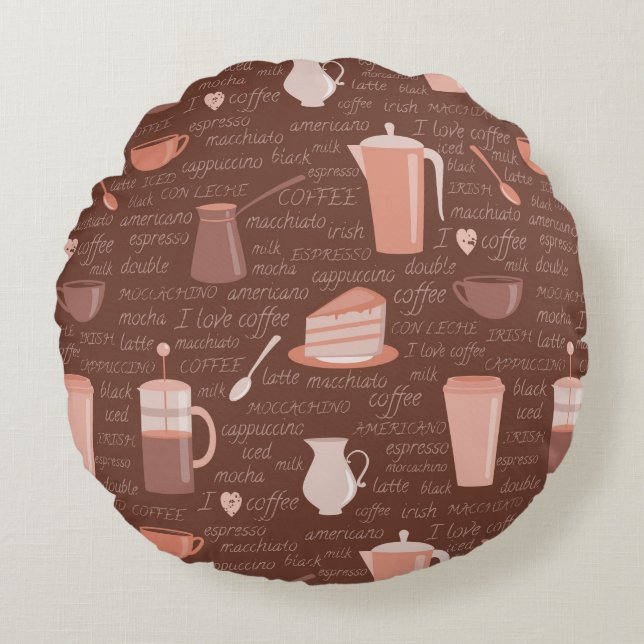 Pattern with coffee related elements round cushion (Front)