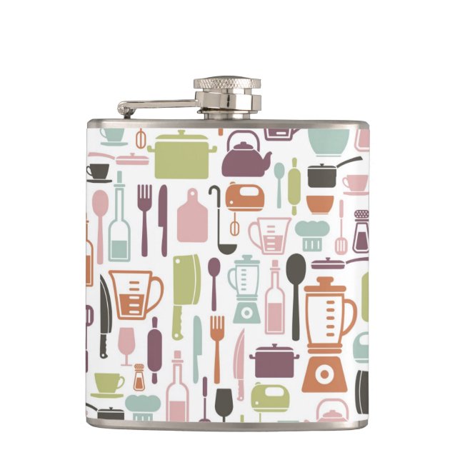 Pattern with colourful cooking icons hip flask (Front)