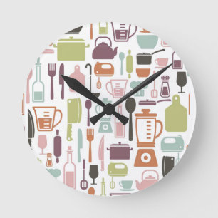 Pattern with colourful cooking icons round clock