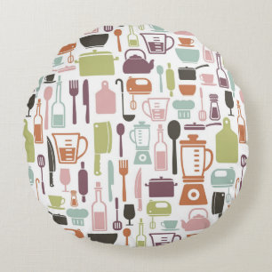 Pattern with colourful cooking icons round cushion
