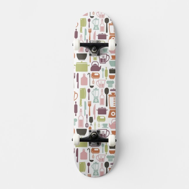 Pattern with colourful cooking icons skateboard (Front)