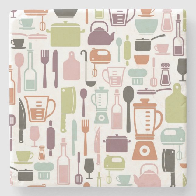 Pattern with colourful cooking icons stone coaster (Front)