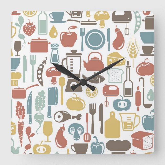 Pattern with cooking icons square wall clock (Front)