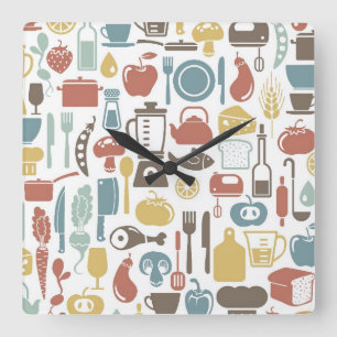 Pattern with cooking icons square wall clock
