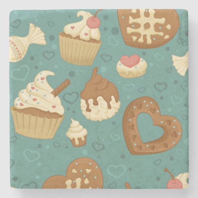 Pattern with cupcakes and candies stone coaster (Front)