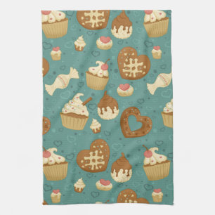 Pattern with cupcakes and candies tea towel