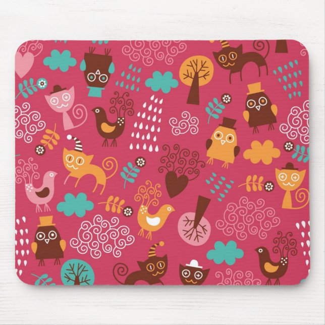Pattern with cute birds and cats mouse pad (Front)