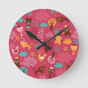 Pattern with cute birds and cats round clock