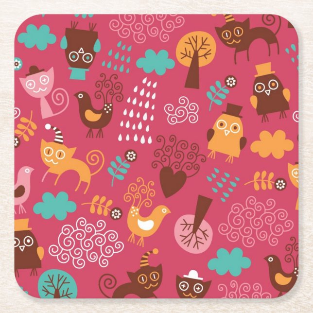 Pattern with cute birds and cats square paper coaster (Front)