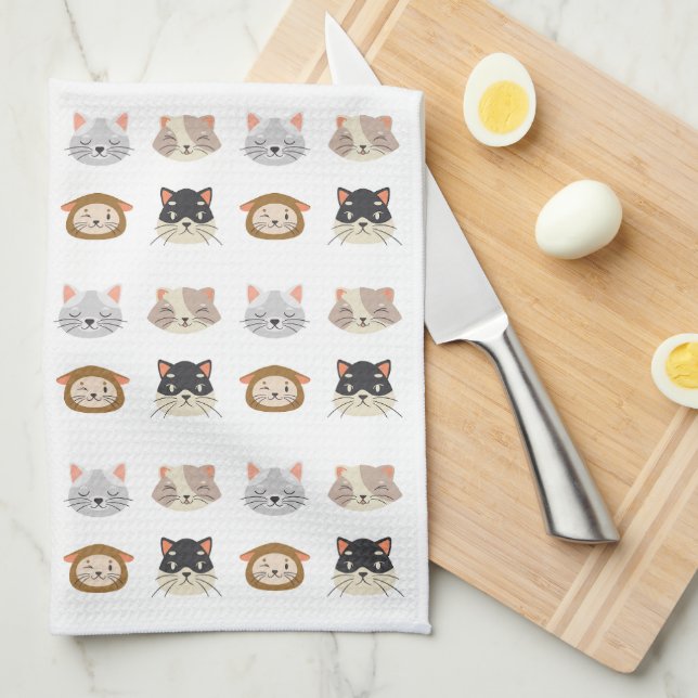 Pattern with Cute Cat Heads Tea Towel (Quarter Fold)