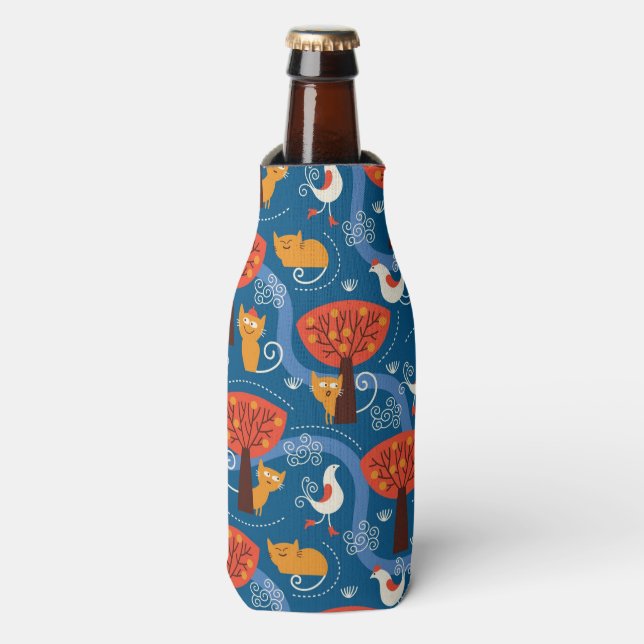 pattern with cute cats and birds bottle cooler (Bottle Front)