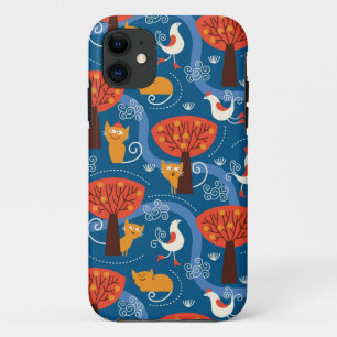 pattern with cute cats and birds iPhone 11 case