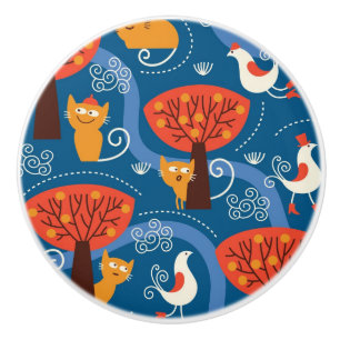 pattern with cute cats and birds ceramic knob