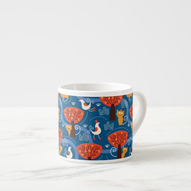 pattern with cute cats and birds espresso cup (Front Right)