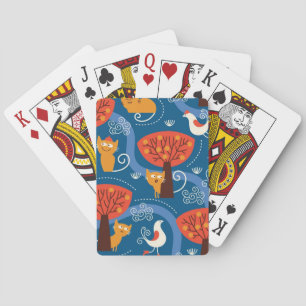 pattern with cute cats and birds playing cards