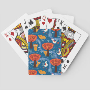pattern with cute cats and birds playing cards