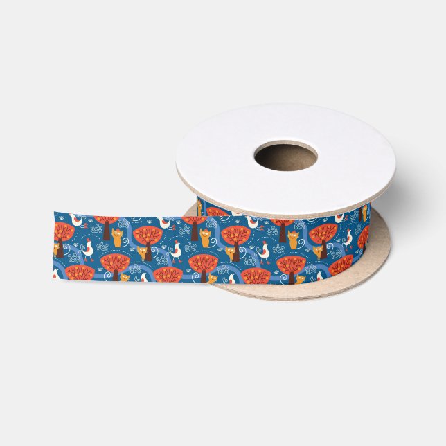 pattern with cute cats and birds satin ribbon (Spool)