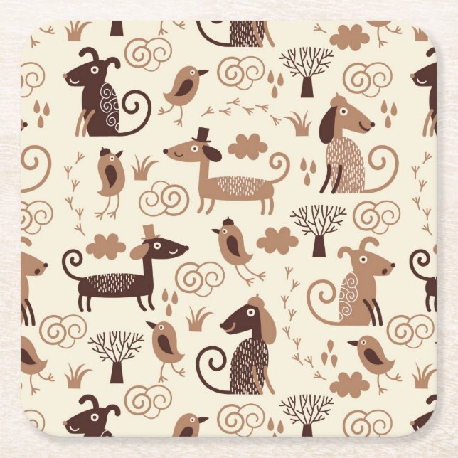 pattern with cute dogs square paper coaster (Front)