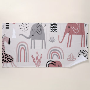 pattern with cute elephants and giraffes giant beach towel
