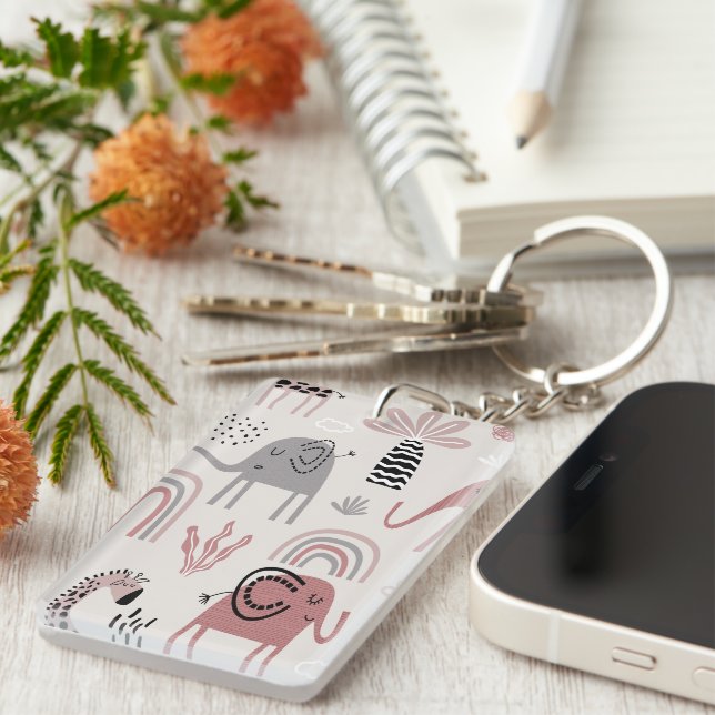 pattern with cute elephants and giraffes giant  key ring (Front Right)