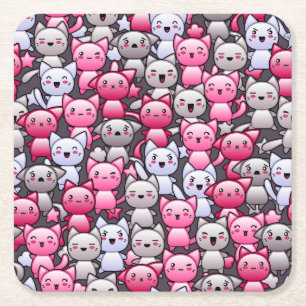 pattern with cute kawaii doodle cats 2 square paper coaster