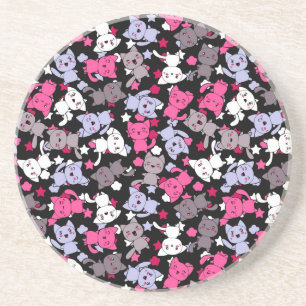 pattern with cute kawaii doodle cats 3 coaster