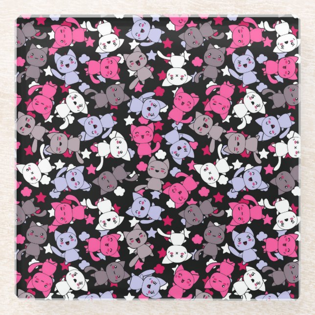 pattern with cute kawaii doodle cats 3 glass coaster (Front)