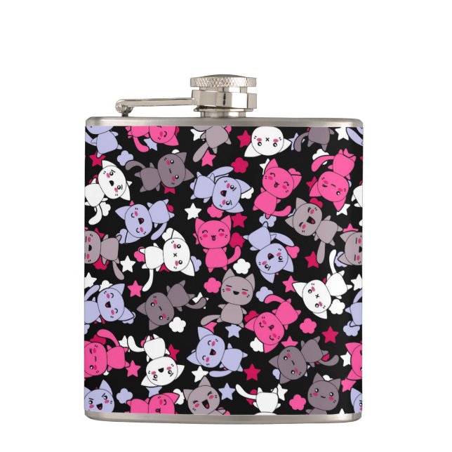 pattern with cute kawaii doodle cats 3 hip flask (Front)