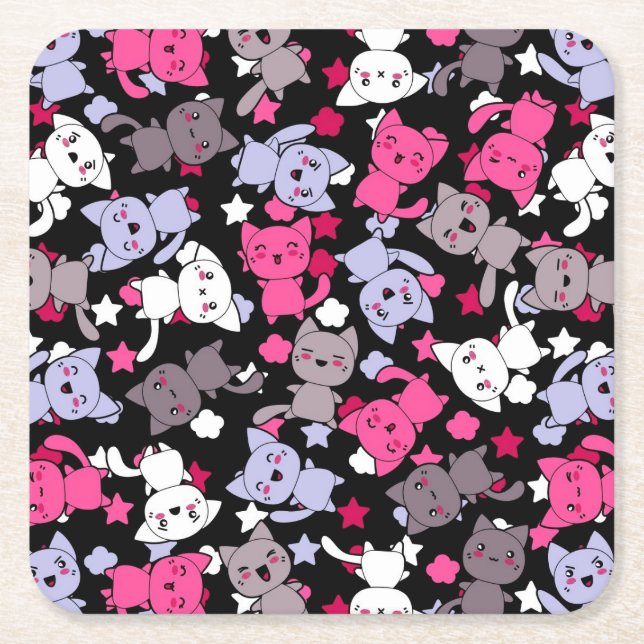 pattern with cute kawaii doodle cats 3 square paper coaster (Front)