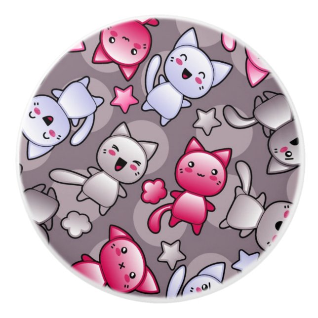pattern with cute kawaii doodle cats ceramic knob (Front)