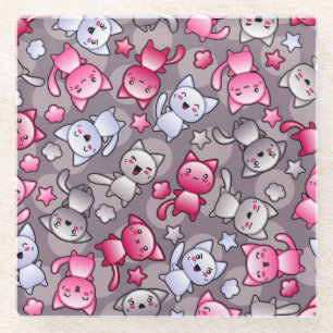 pattern with cute kawaii doodle cats glass coaster