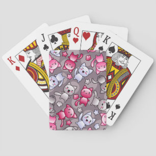 pattern with cute kawaii doodle cats playing cards