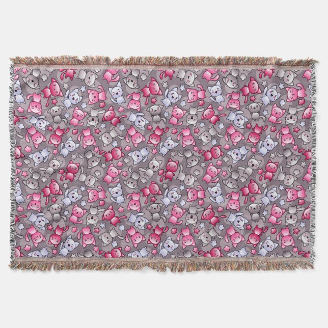 pattern with cute kawaii doodle cats throw blanket (Front)