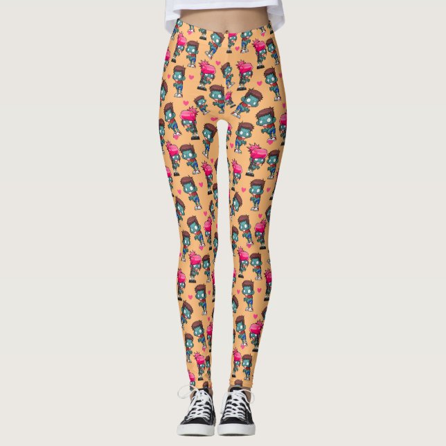 Pattern with Cute Zombie Girls, Guys and Hearts Leggings (Front)