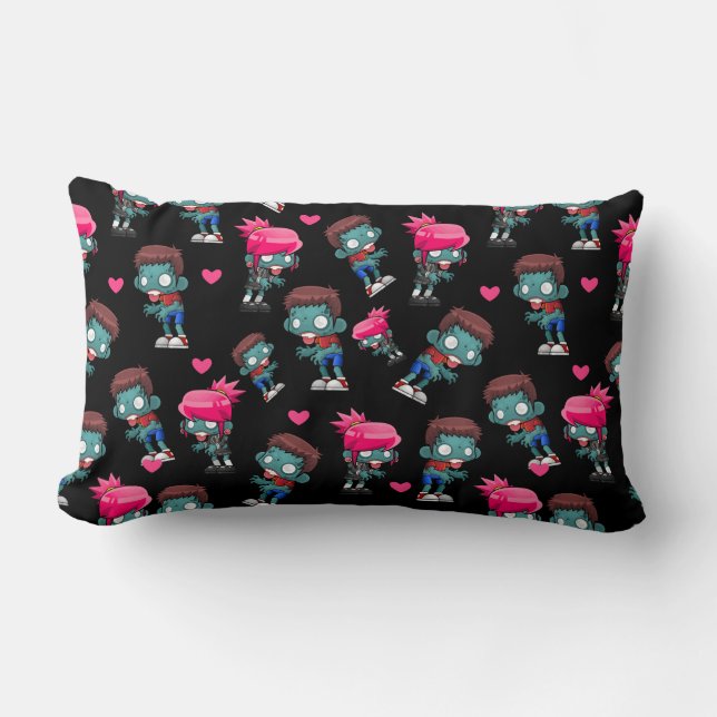 Pattern with Cute Zombie Girls, Guys and Hearts Lumbar Cushion (Front)