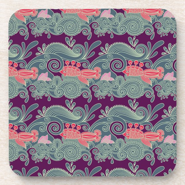 Pattern With Fish And Purple Wave Coaster (Front)