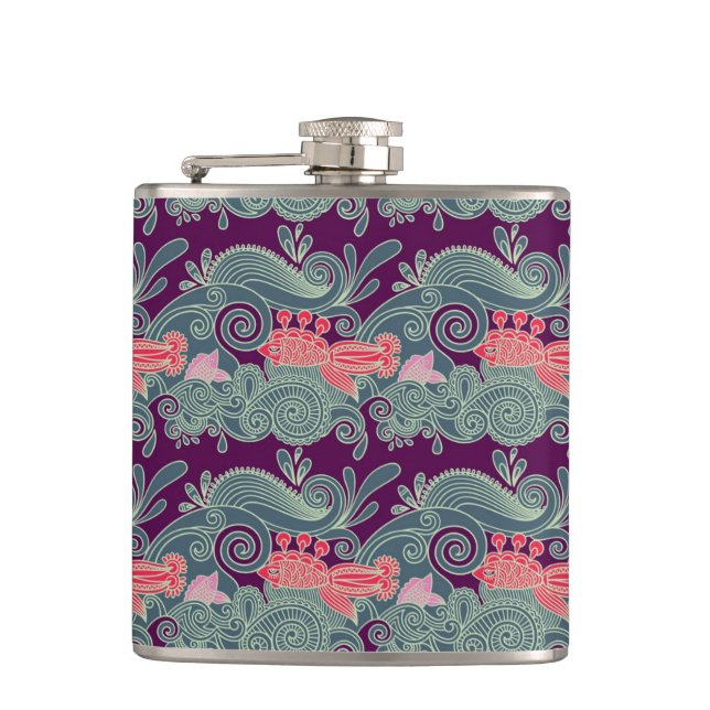 Pattern With Fish And Purple Wave Hip Flask (Front)