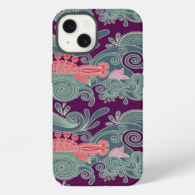 Pattern With Fish And Purple Wave iPhone Case (Back)