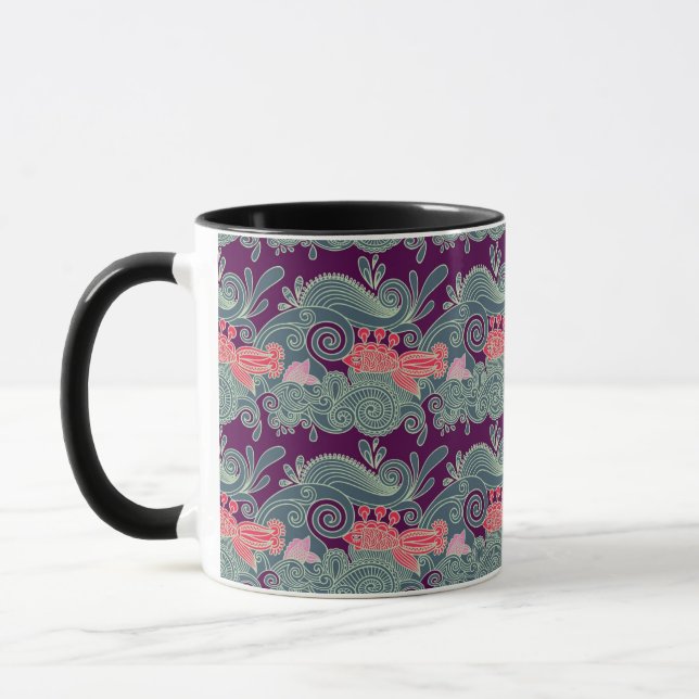 Pattern With Fish And Purple Wave Mug (Left)
