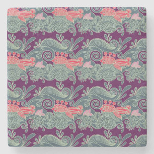 Pattern With Fish And Purple Wave Stone Coaster