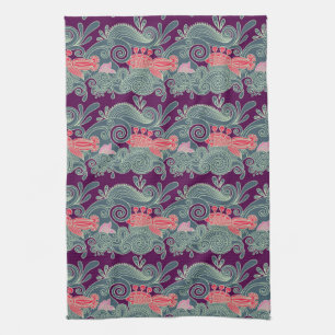 Pattern With Fish And Purple Wave Tea Towel