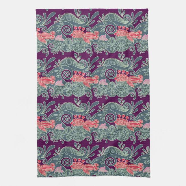 Pattern With Fish And Purple Wave Tea Towel (Vertical)