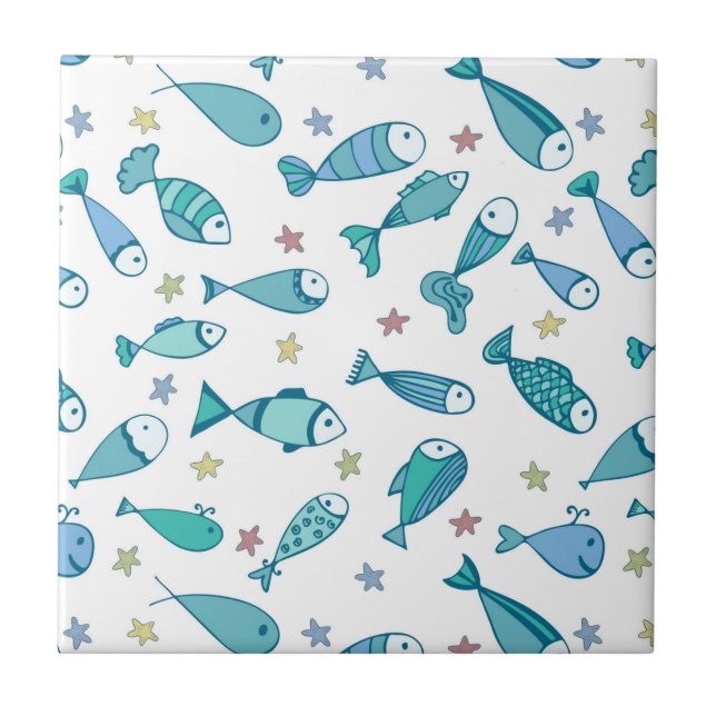 Pattern With Fish And Starfish Ceramic Tile (Front)