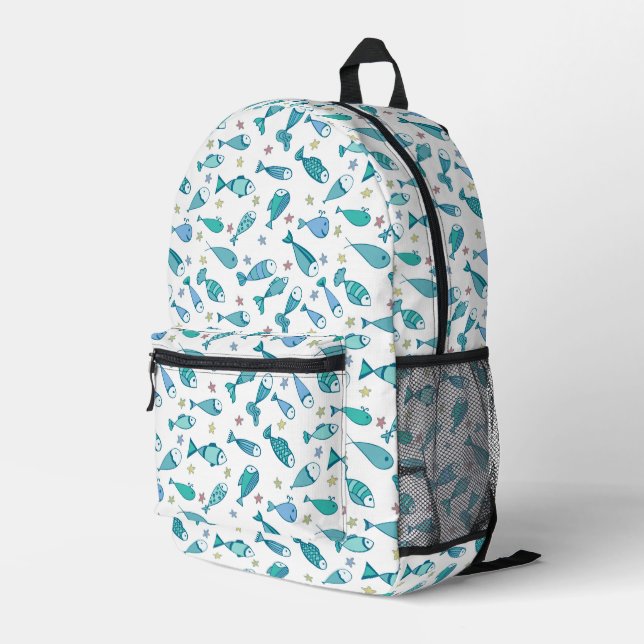 Pattern With Fish And Starfish Printed Backpack (Back Corner Right)
