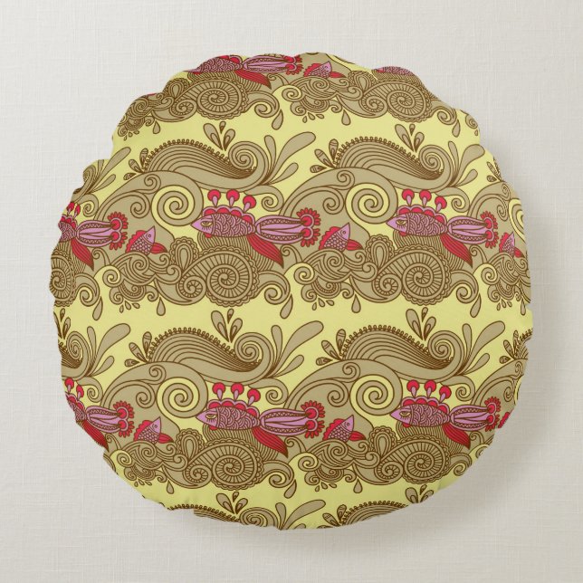 Pattern With Fish And Wave Round Cushion (Front)