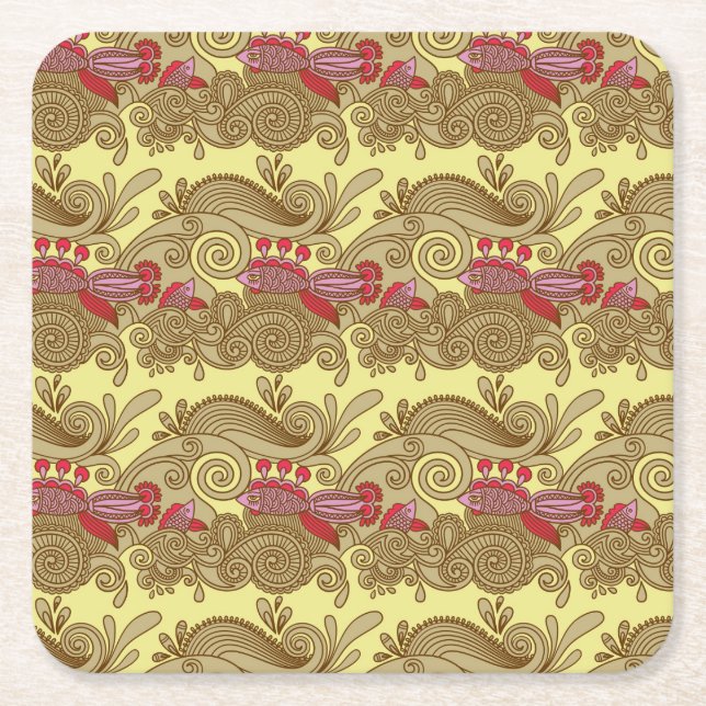 Pattern With Fish And Wave Square Paper Coaster (Front)