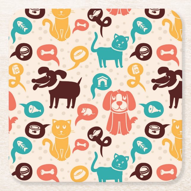 Pattern With Funny Cats And Dogs Square Paper Coaster (Front)