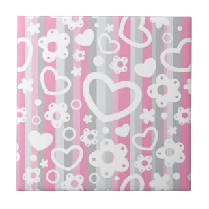 Pattern with Hearts and Flowers Ceramic Tile