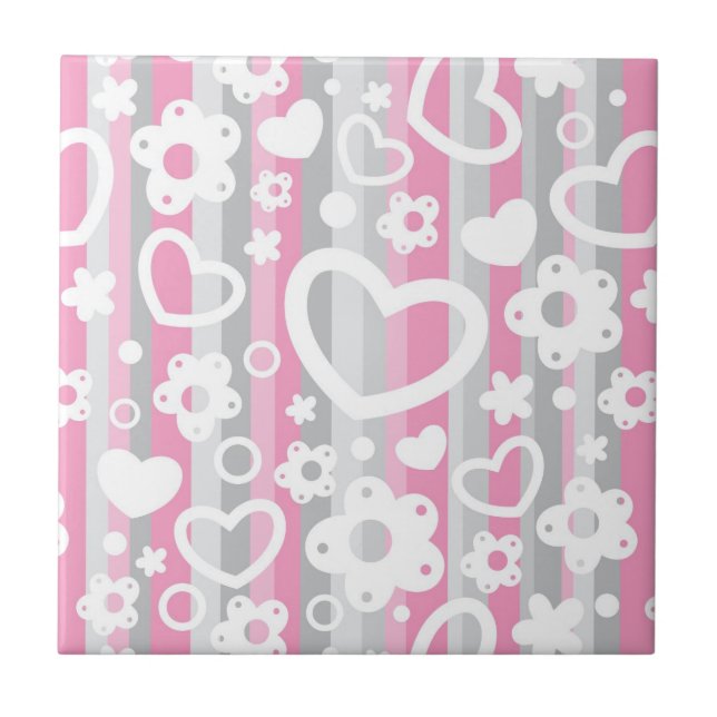 Pattern with Hearts and Flowers Ceramic Tile (Front)