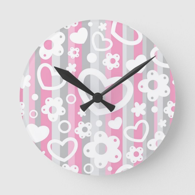 Pattern with Hearts and Flowers Round Clock (Front)
